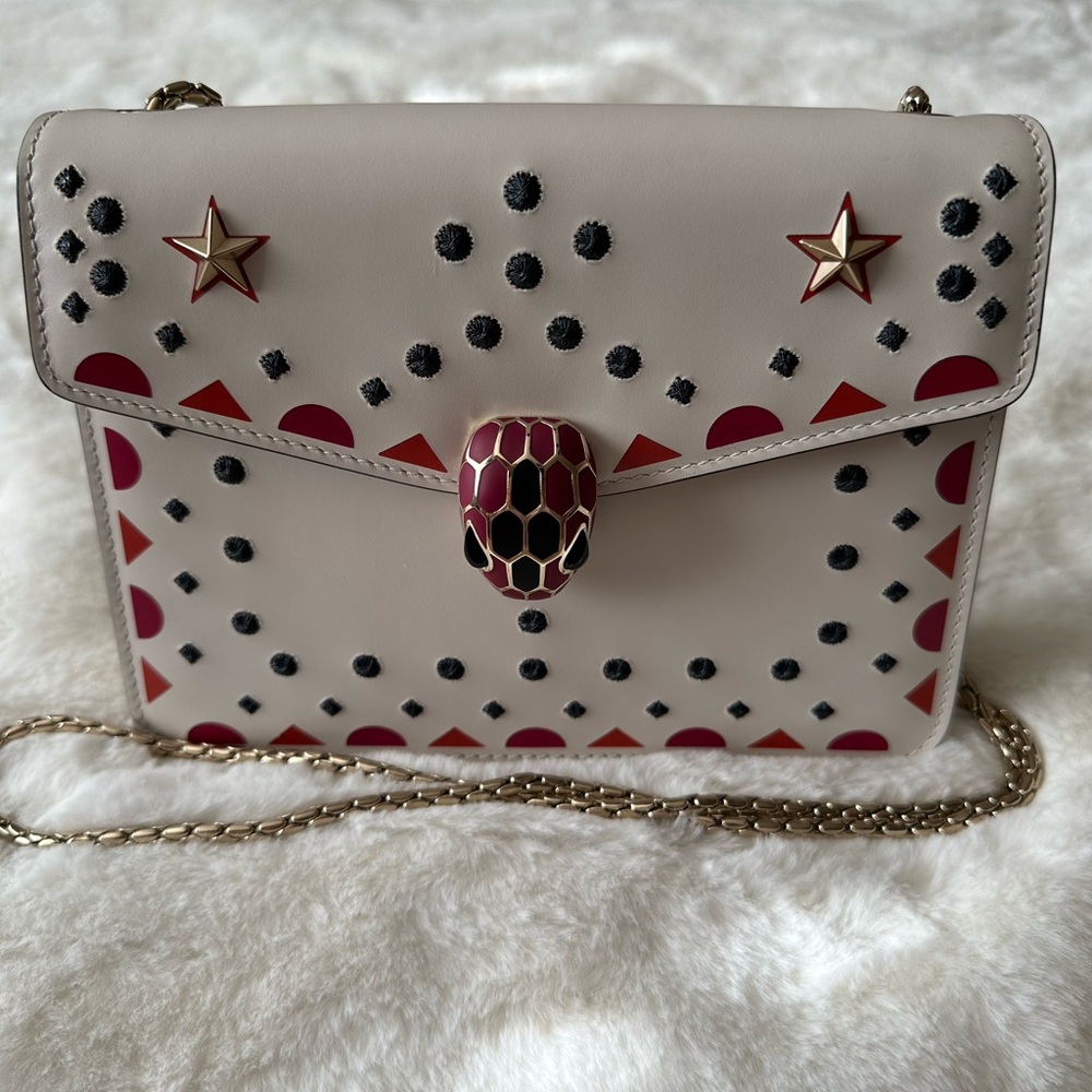 Bvlgari Off White Printed and Embroidered Leather Small Serpenti